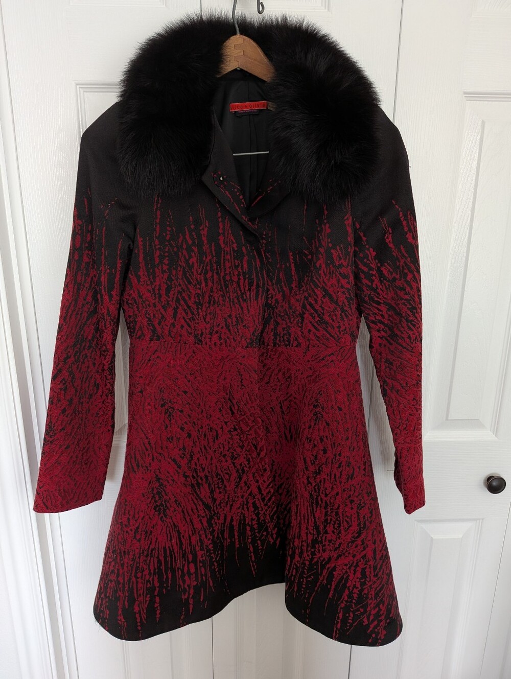 Alice + Olivia Red and Black Patterned Pea Coat with Fur Collar
